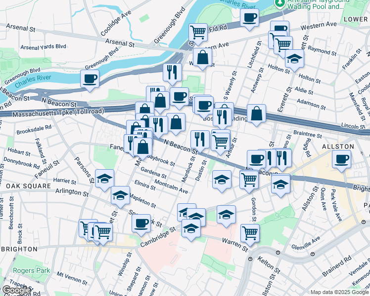 map of restaurants, bars, coffee shops, grocery stores, and more near 160 North Beacon Street in Boston