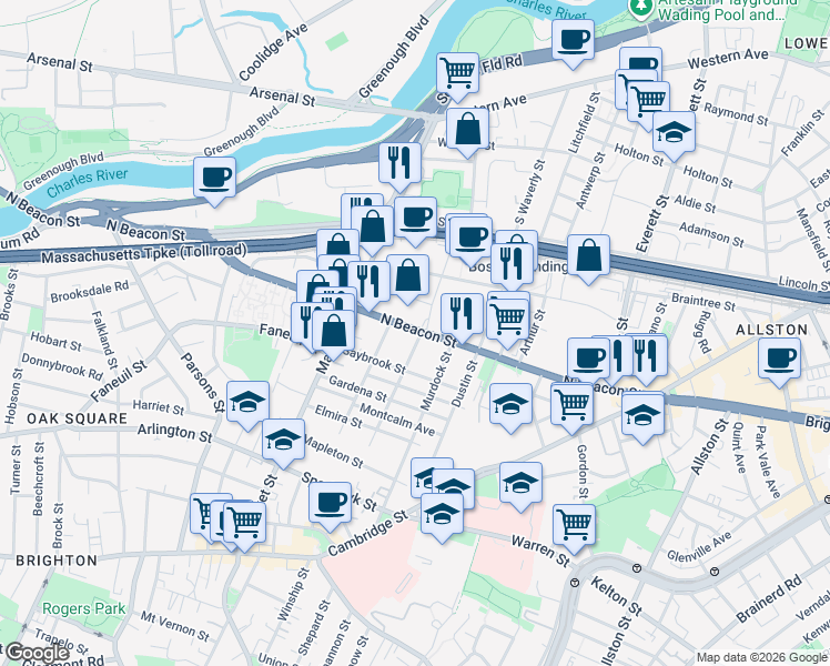 map of restaurants, bars, coffee shops, grocery stores, and more near 160 North Beacon Street in Boston