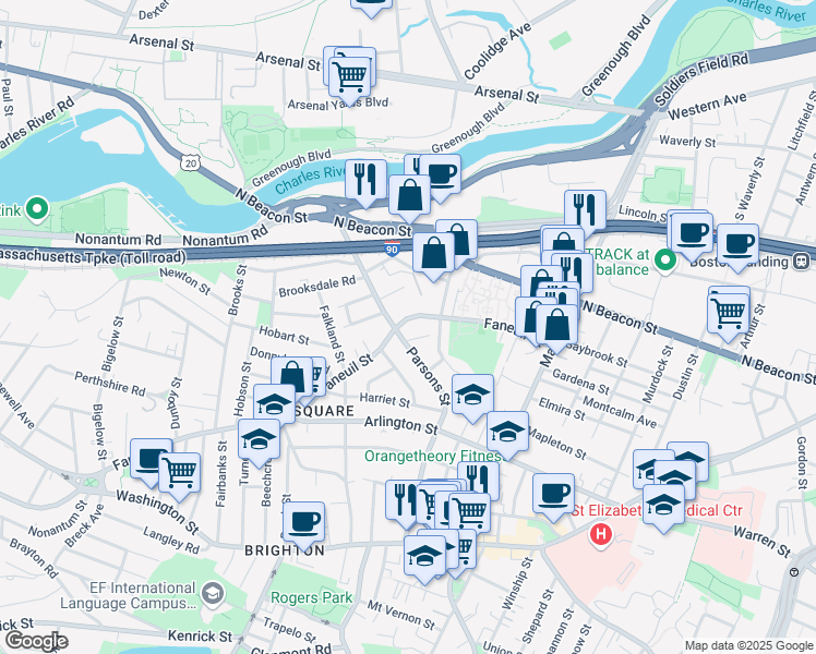 map of restaurants, bars, coffee shops, grocery stores, and more near in Boston