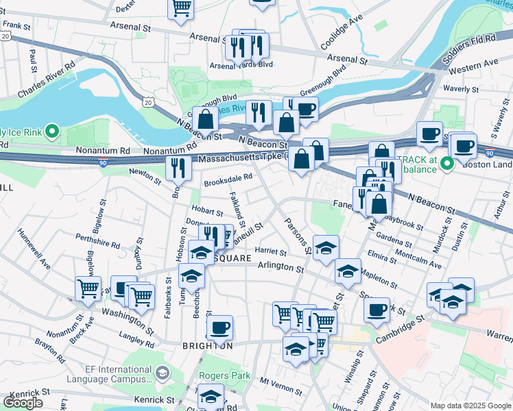 map of restaurants, bars, coffee shops, grocery stores, and more near 6 Cresthill Road in Boston