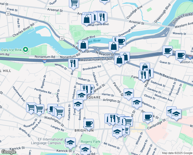 map of restaurants, bars, coffee shops, grocery stores, and more near 37-39 Falkland Street in Boston