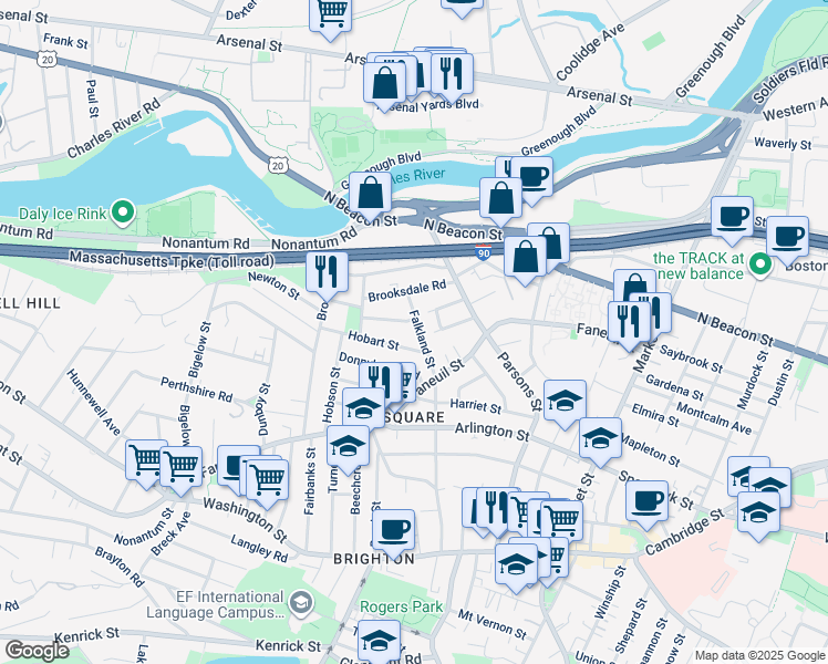 map of restaurants, bars, coffee shops, grocery stores, and more near 37-39 Falkland Street in Boston