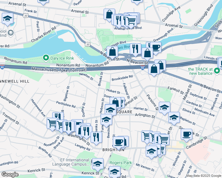 map of restaurants, bars, coffee shops, grocery stores, and more near 89 Hobart Street in Boston