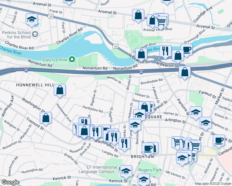map of restaurants, bars, coffee shops, grocery stores, and more near 183 Bigelow Street in Boston