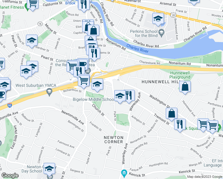 map of restaurants, bars, coffee shops, grocery stores, and more near 41 Park Street in Newton