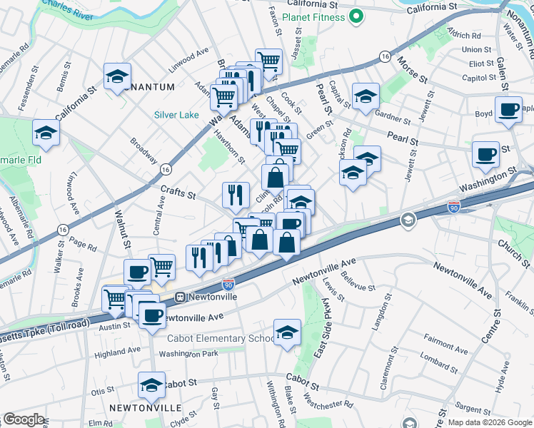 map of restaurants, bars, coffee shops, grocery stores, and more near 61-63 Lincoln Road in Newton