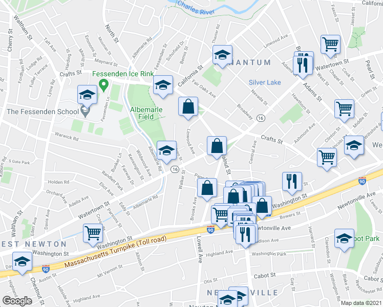 map of restaurants, bars, coffee shops, grocery stores, and more near 629 Watertown Street in Newton