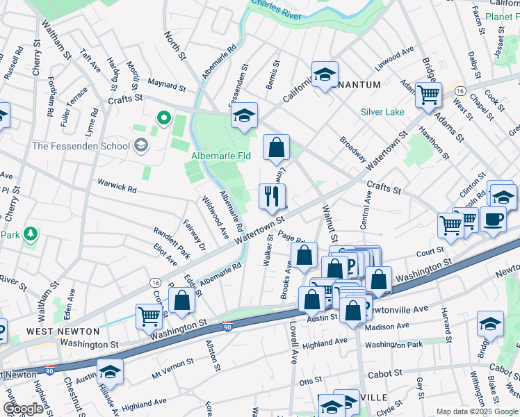 map of restaurants, bars, coffee shops, grocery stores, and more near 11 Edinboro Terrace in Newton