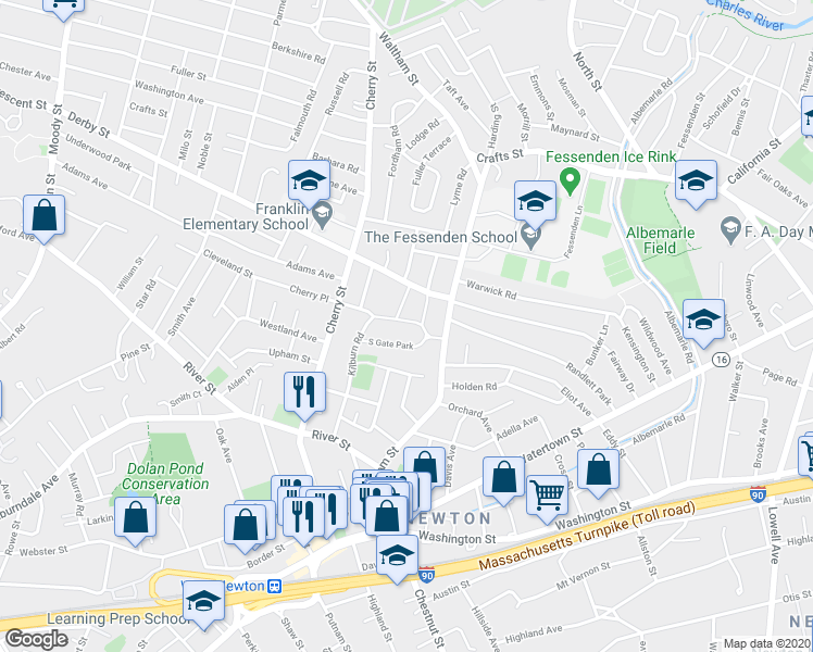 map of restaurants, bars, coffee shops, grocery stores, and more near 50 North Gate Park in Newton
