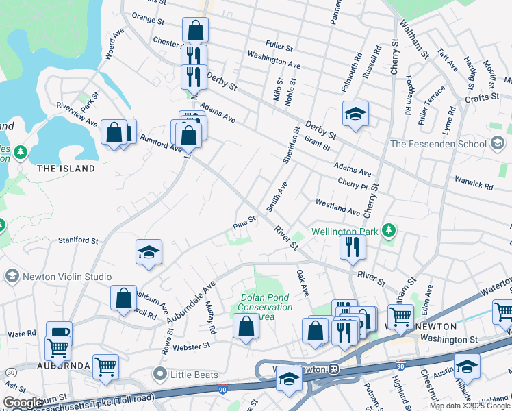 map of restaurants, bars, coffee shops, grocery stores, and more near 124 Sheridan Street in Newton