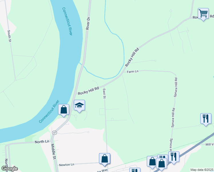 map of restaurants, bars, coffee shops, grocery stores, and more near 23 Rocky Hill Road in Hadley