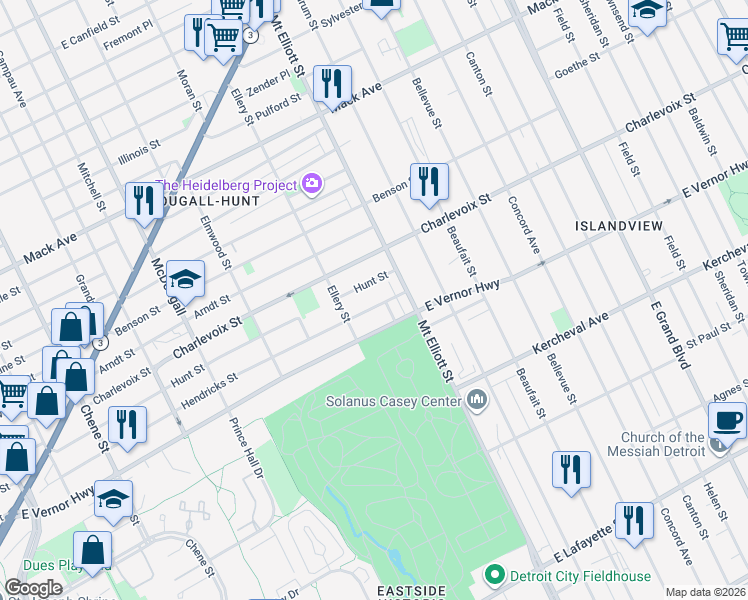 map of restaurants, bars, coffee shops, grocery stores, and more near 3683 Hendricks Street in Detroit