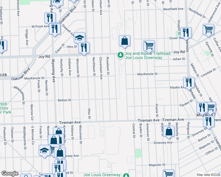 map of restaurants, bars, coffee shops, grocery stores, and more near 8278 Roselawn Street in Detroit
