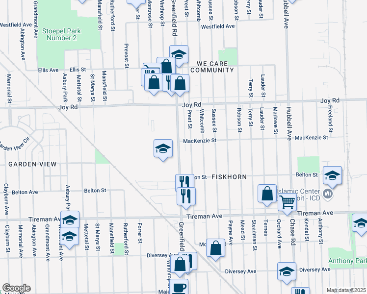 map of restaurants, bars, coffee shops, grocery stores, and more near 8349 Prest Street in Detroit