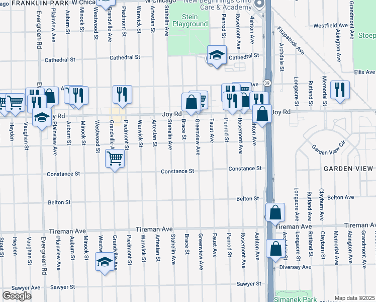 map of restaurants, bars, coffee shops, grocery stores, and more near 8486 Brace Street in Detroit