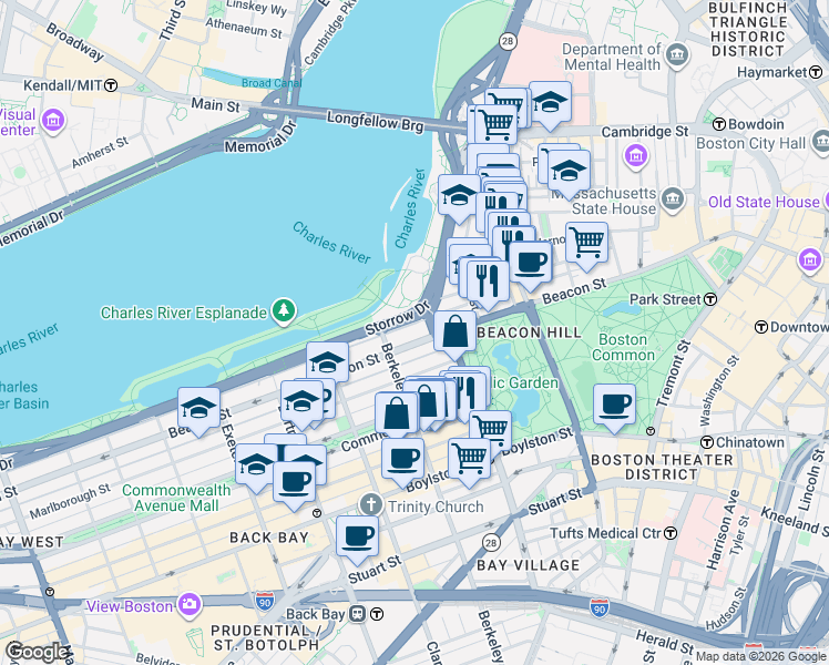 map of restaurants, bars, coffee shops, grocery stores, and more near 108 Beacon Street in Boston