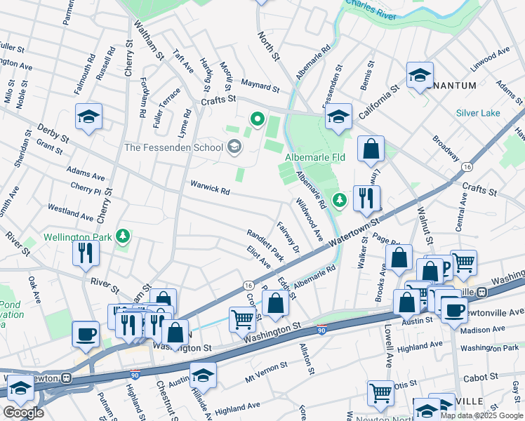 map of restaurants, bars, coffee shops, grocery stores, and more near 83 Fairway Drive in Newton