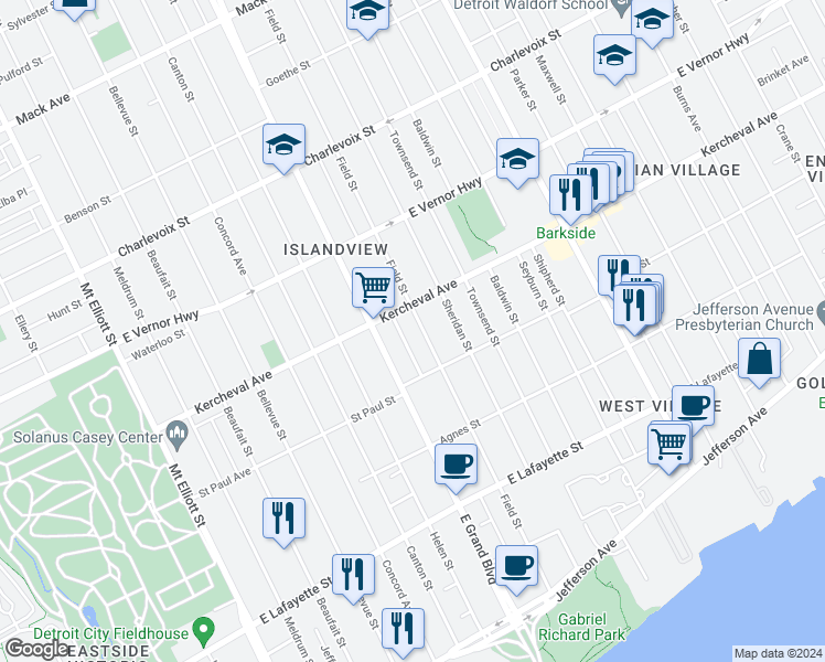 map of restaurants, bars, coffee shops, grocery stores, and more near 1789 Field Street in Detroit