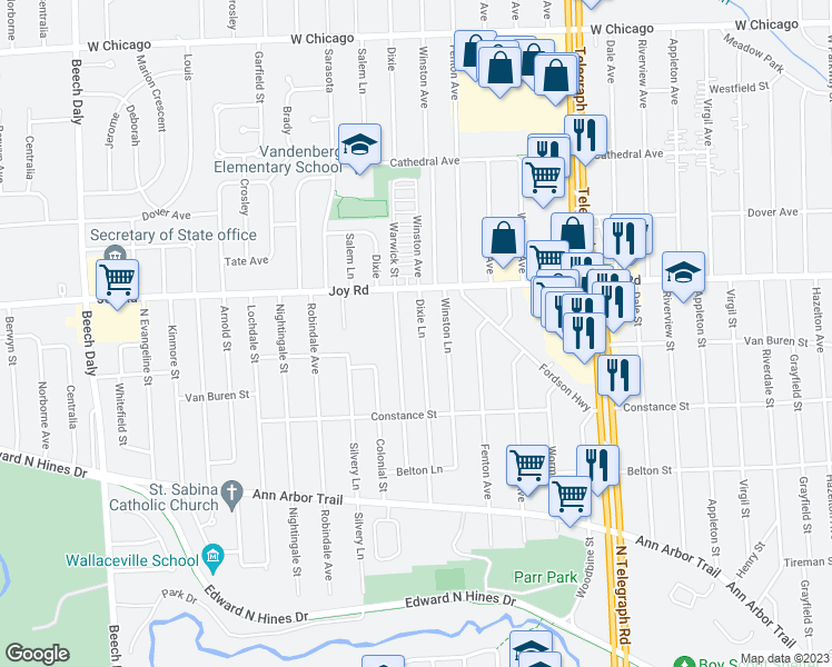 map of restaurants, bars, coffee shops, grocery stores, and more near 8577 Dixie Lane in Dearborn Heights