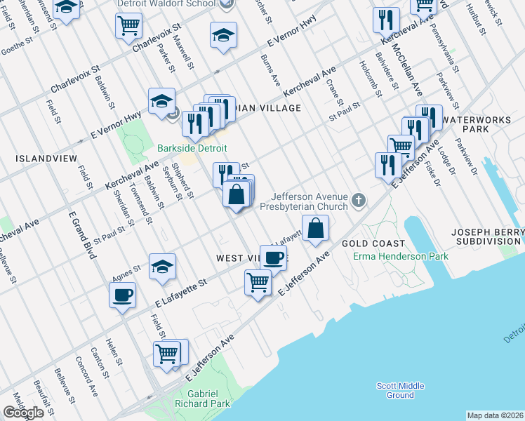 map of restaurants, bars, coffee shops, grocery stores, and more near 1130 Parker Street in Detroit