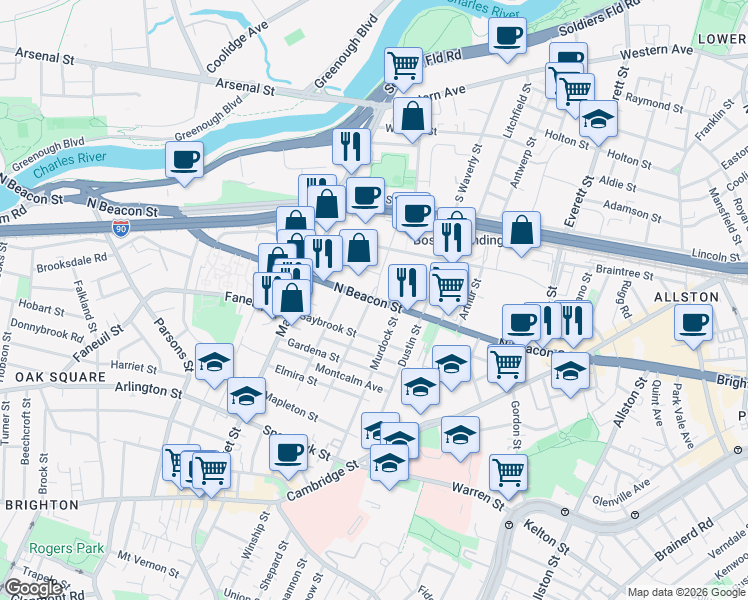 map of restaurants, bars, coffee shops, grocery stores, and more near 160 North Beacon Street in Boston