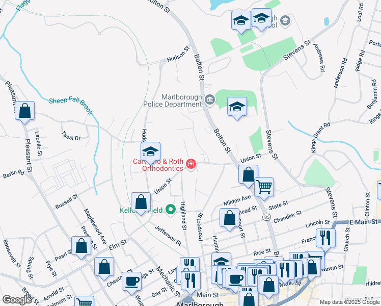 map of restaurants, bars, coffee shops, grocery stores, and more near 19 Belleview Avenue in Marlborough