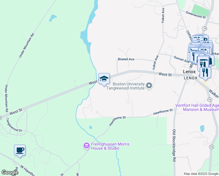 map of restaurants, bars, coffee shops, grocery stores, and more near 129 West Street in Lenox