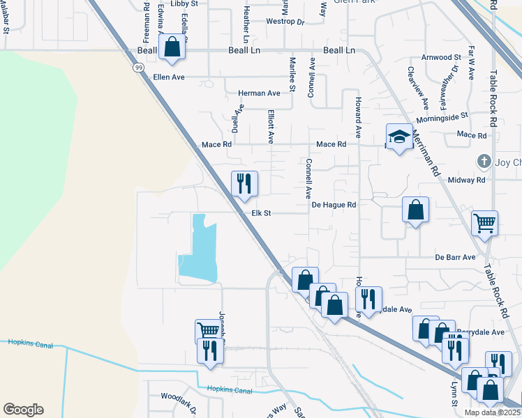 map of restaurants, bars, coffee shops, grocery stores, and more near 101 Elk Street in Medford