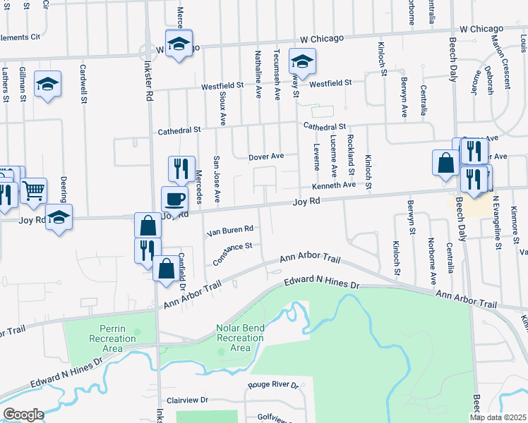 map of restaurants, bars, coffee shops, grocery stores, and more near 8756 Columbia Street in Dearborn Heights