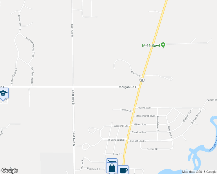 map of restaurants, bars, coffee shops, grocery stores, and more near 7370 Morgan Road East in Battle Creek