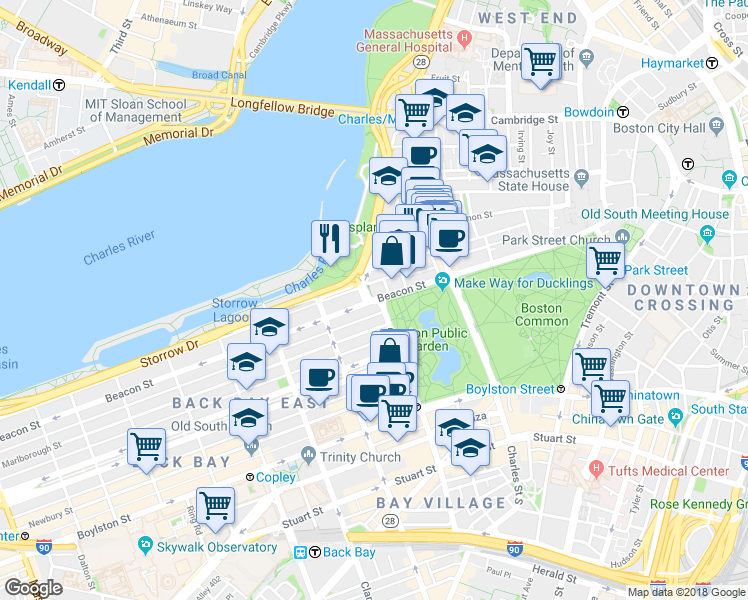 map of restaurants, bars, coffee shops, grocery stores, and more near 95 Beacon Street in Boston