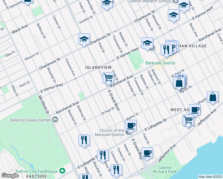 map of restaurants, bars, coffee shops, grocery stores, and more near 420 East Grand Boulevard in Detroit