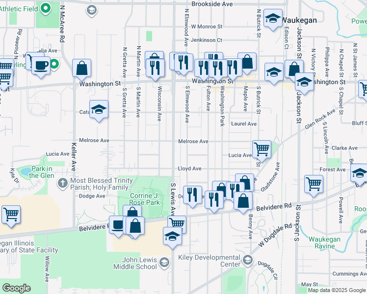 map of restaurants, bars, coffee shops, grocery stores, and more near 210 South Elmwood Avenue in Waukegan