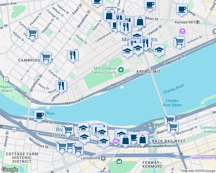 map of restaurants, bars, coffee shops, grocery stores, and more near Fowler Street in Cambridge