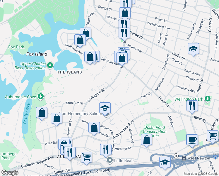 map of restaurants, bars, coffee shops, grocery stores, and more near 12 Roberta Road in Newton
