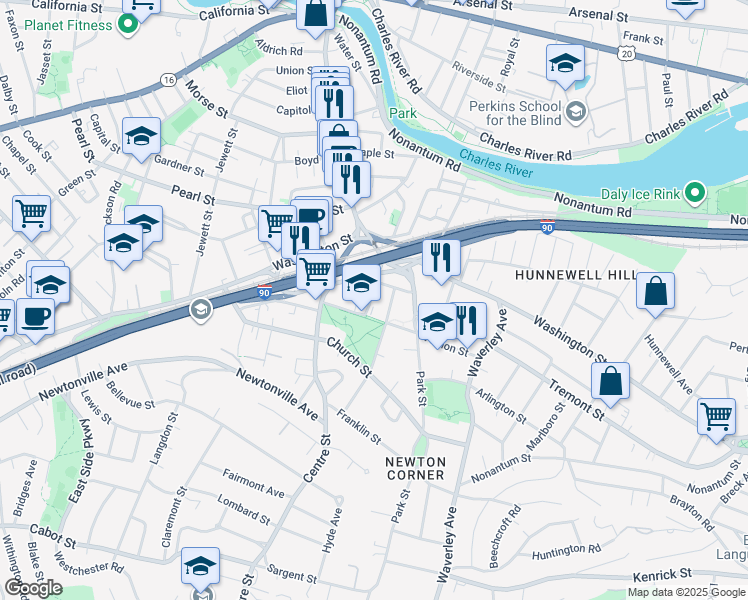 map of restaurants, bars, coffee shops, grocery stores, and more near 8 Baldwin Street in Newton