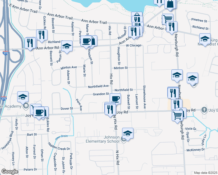map of restaurants, bars, coffee shops, grocery stores, and more near 38433 Northfield Avenue in Livonia