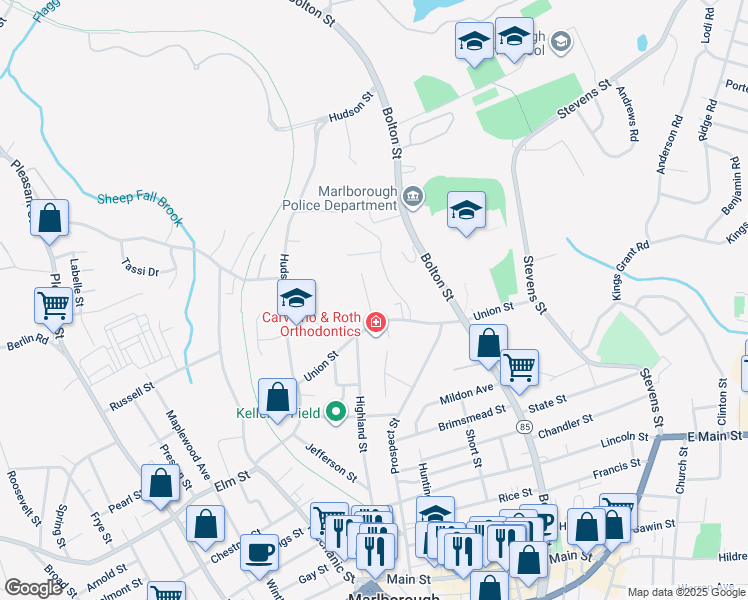 map of restaurants, bars, coffee shops, grocery stores, and more near 19 Belleview Avenue in Marlborough