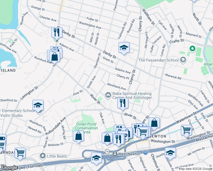 map of restaurants, bars, coffee shops, grocery stores, and more near 60 Westland Avenue in Newton