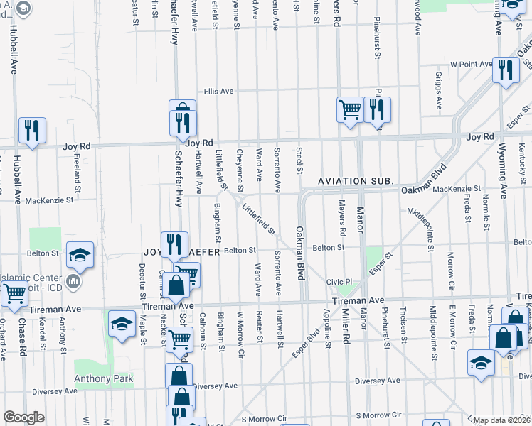 map of restaurants, bars, coffee shops, grocery stores, and more near 8346 Ward Avenue in Detroit