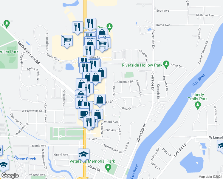 map of restaurants, bars, coffee shops, grocery stores, and more near 1909 Pine Drive in McHenry