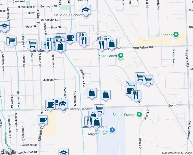map of restaurants, bars, coffee shops, grocery stores, and more near 9161 North Lilley Road in Plymouth