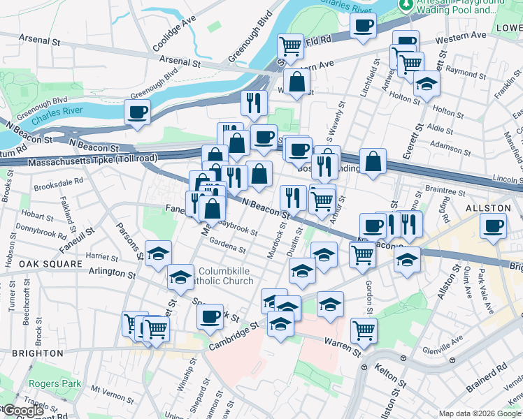 map of restaurants, bars, coffee shops, grocery stores, and more near 164 North Beacon Street in Boston