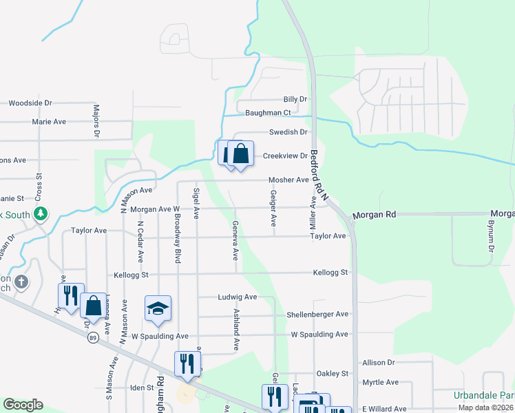 map of restaurants, bars, coffee shops, grocery stores, and more near 120 Morgan Avenue West in Battle Creek
