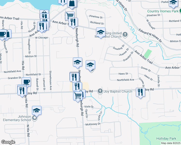 map of restaurants, bars, coffee shops, grocery stores, and more near 8900 Newburgh Road in Livonia