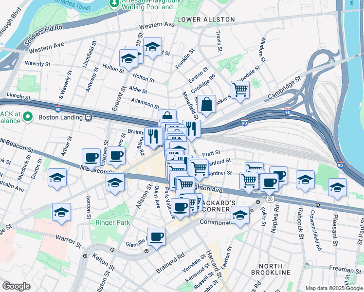 map of restaurants, bars, coffee shops, grocery stores, and more near 16 Highgate Street in Boston