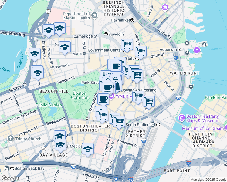 map of restaurants, bars, coffee shops, grocery stores, and more near 12-14 Winter Street in Boston