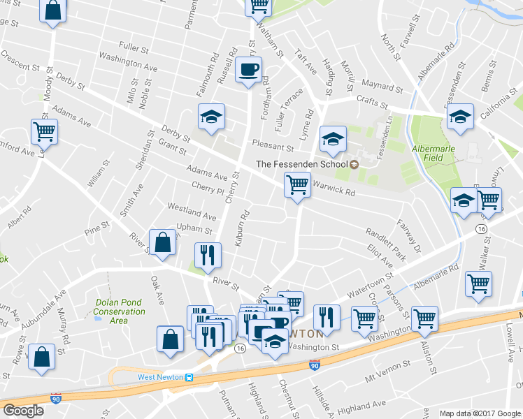 map of restaurants, bars, coffee shops, grocery stores, and more near 50 North Gate Park in Newton