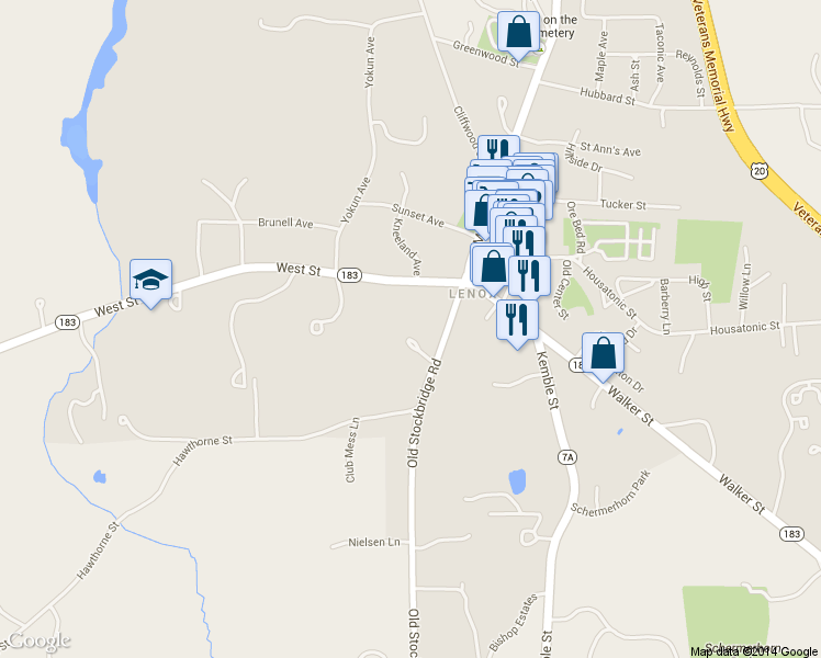 map of restaurants, bars, coffee shops, grocery stores, and more near 32 Old Stockbridge Rd in Lenox