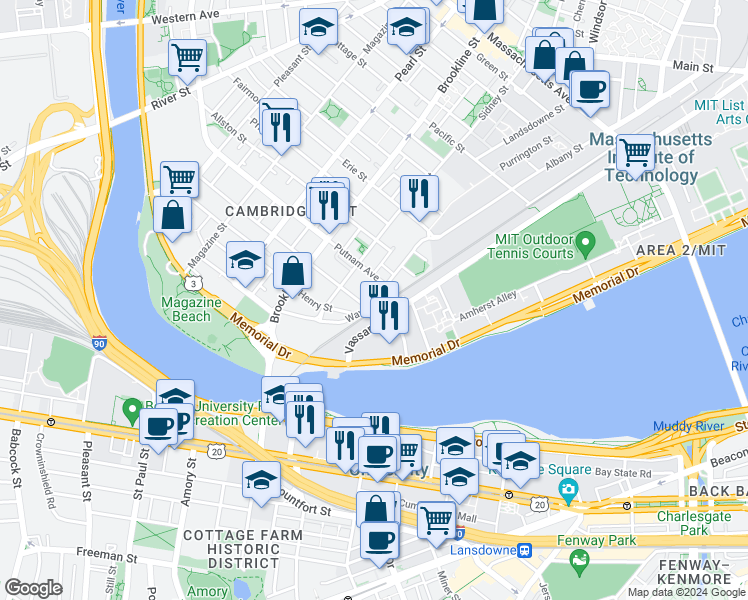 map of restaurants, bars, coffee shops, grocery stores, and more near Waverly Street in Cambridge